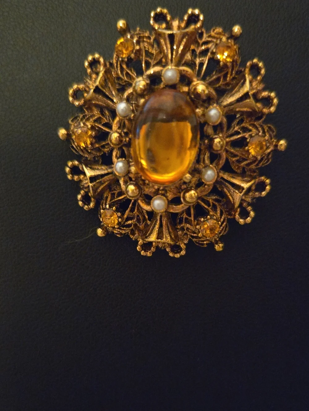 Vintage-Style Gold and Amber Filigree Brooch with Faux Pearls